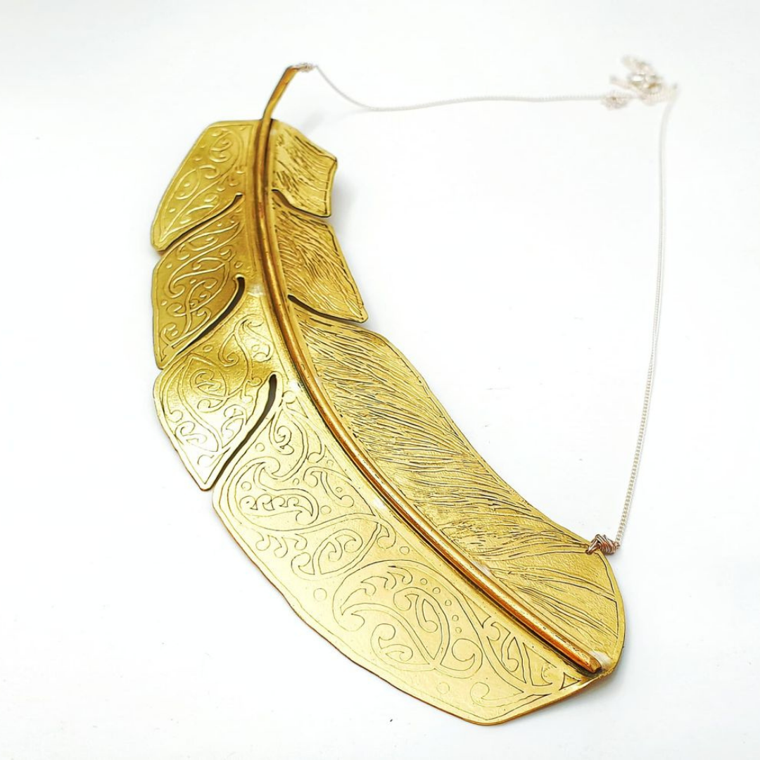 etched feather necklace brass 1