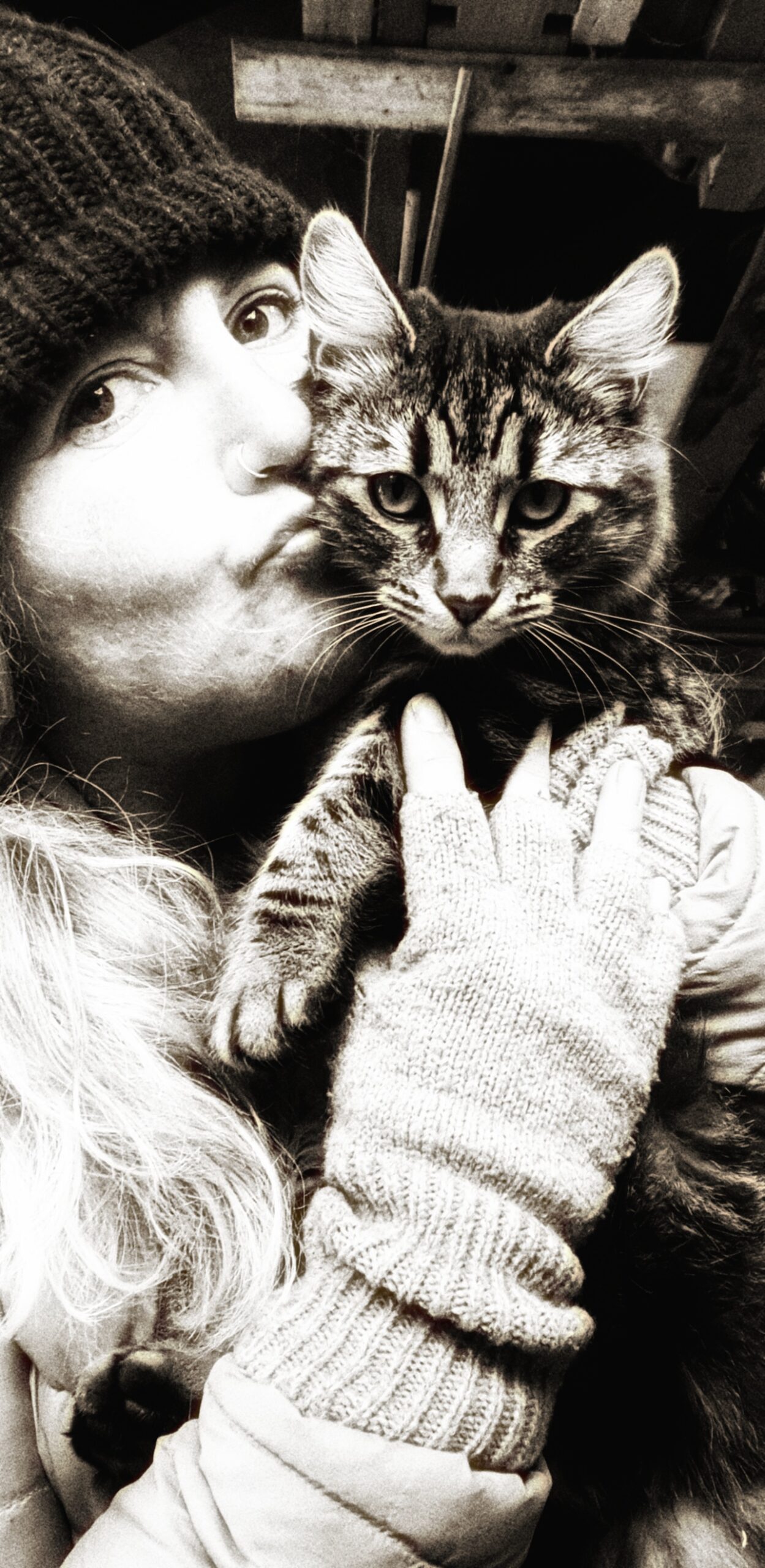 In the studio with pet cat, black and white image, nz 2019